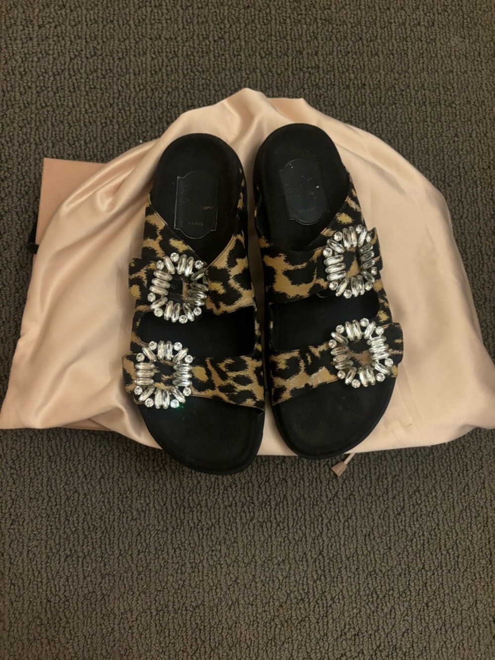 Roger Vivier Leopard Print Crystal Buckle Slide Sandals in Black, Beige, Yellow